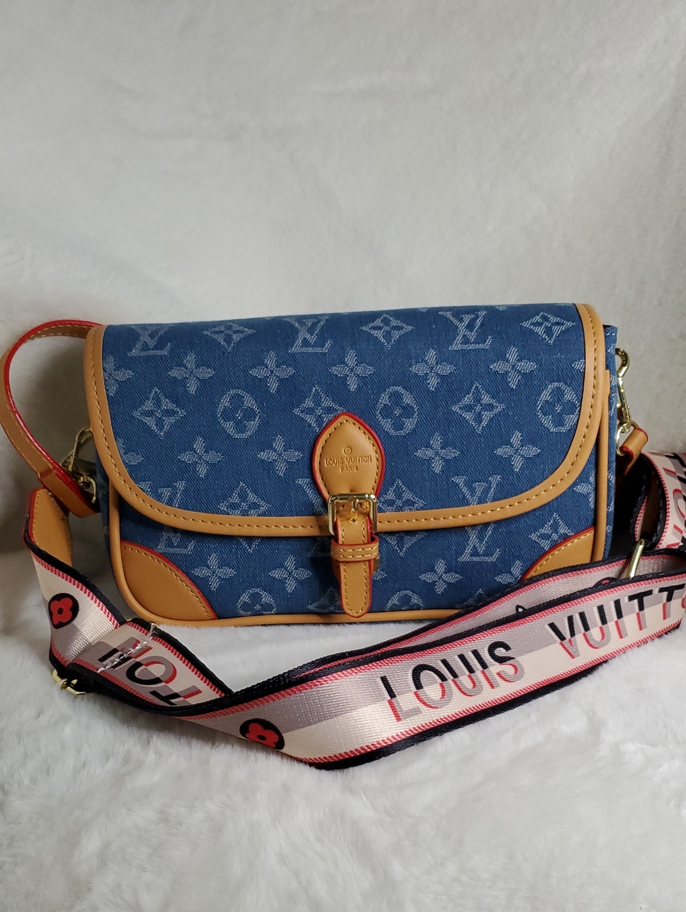 Blue Monogram Denim Crossbody with Tan Trim and Pink Accent Strap